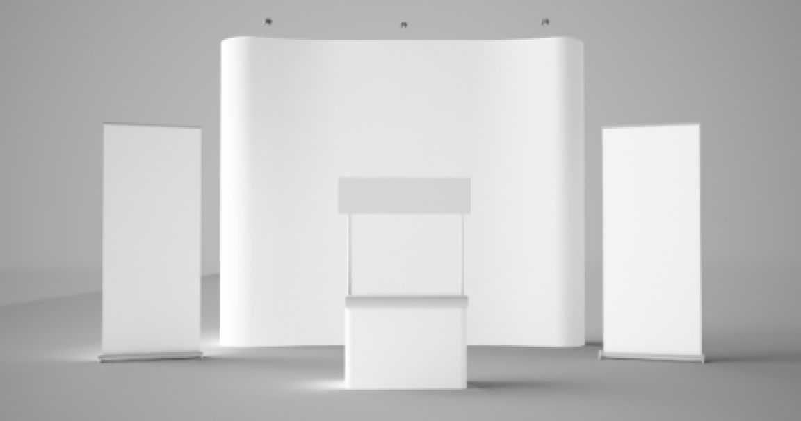 A blank exhibition display stand with two freestanding roller banners positioned on either side, showing the layout of a typical exhibition stand ready for custom printed graphics.