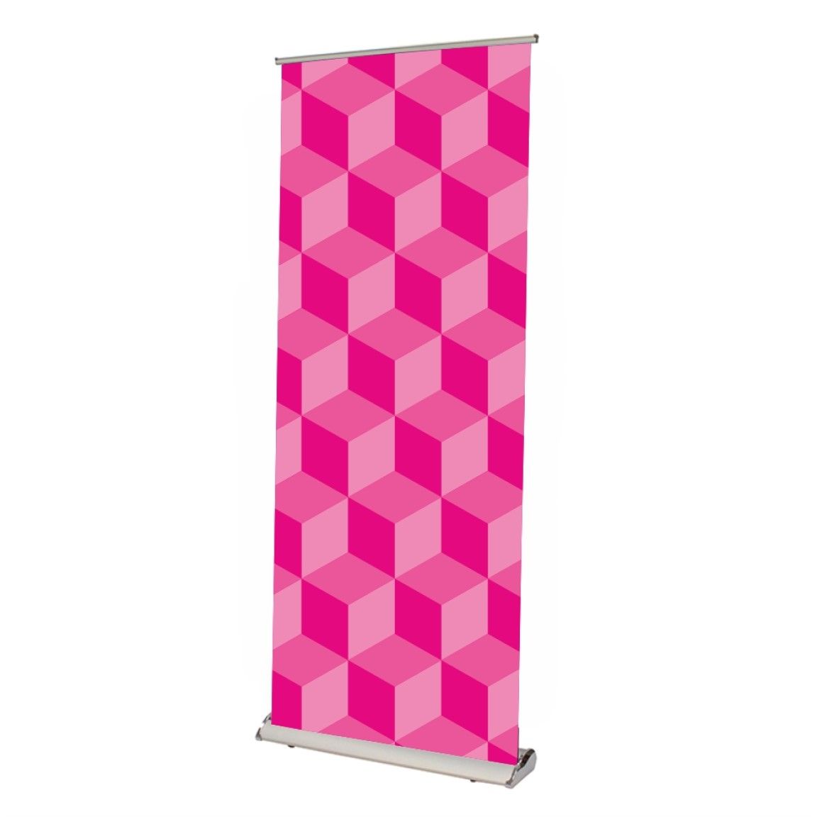 A freestanding roller banner displaying branded graphics, positioned beside an exhibition display stand to highlight key messaging and promotional information.