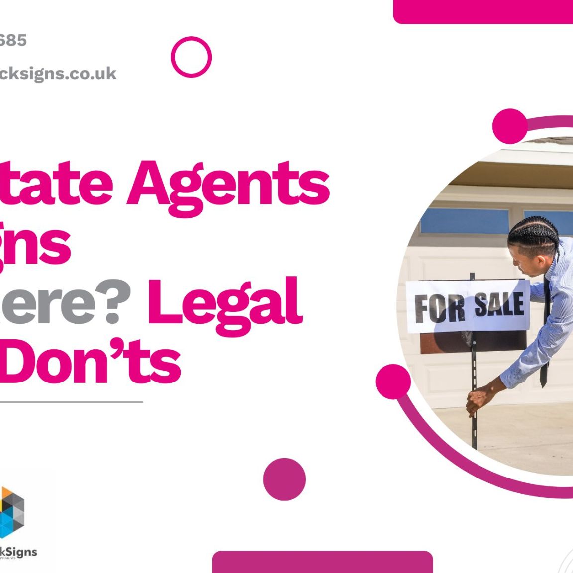 Carrick Signs graphic asking ‘Can Estate Agents Put Signs Anywhere? Legal Do’s & Don’ts’ with an image of a man placing a ‘For Sale’ sign outside a house, alongside the company logo and contact details.