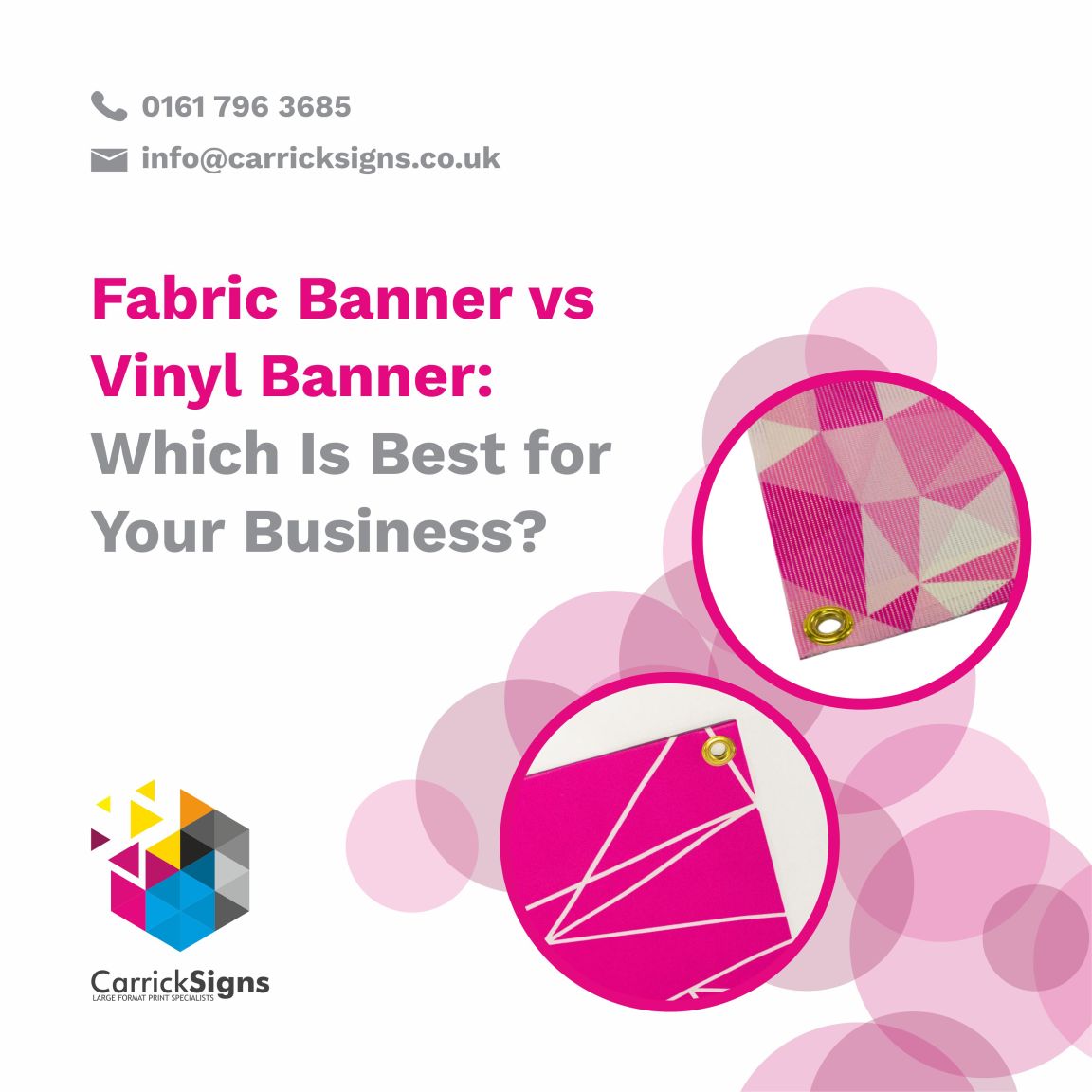 A vinyl banner and a fabric banner positioned next to each other to show the difference in material, texture, and finish.