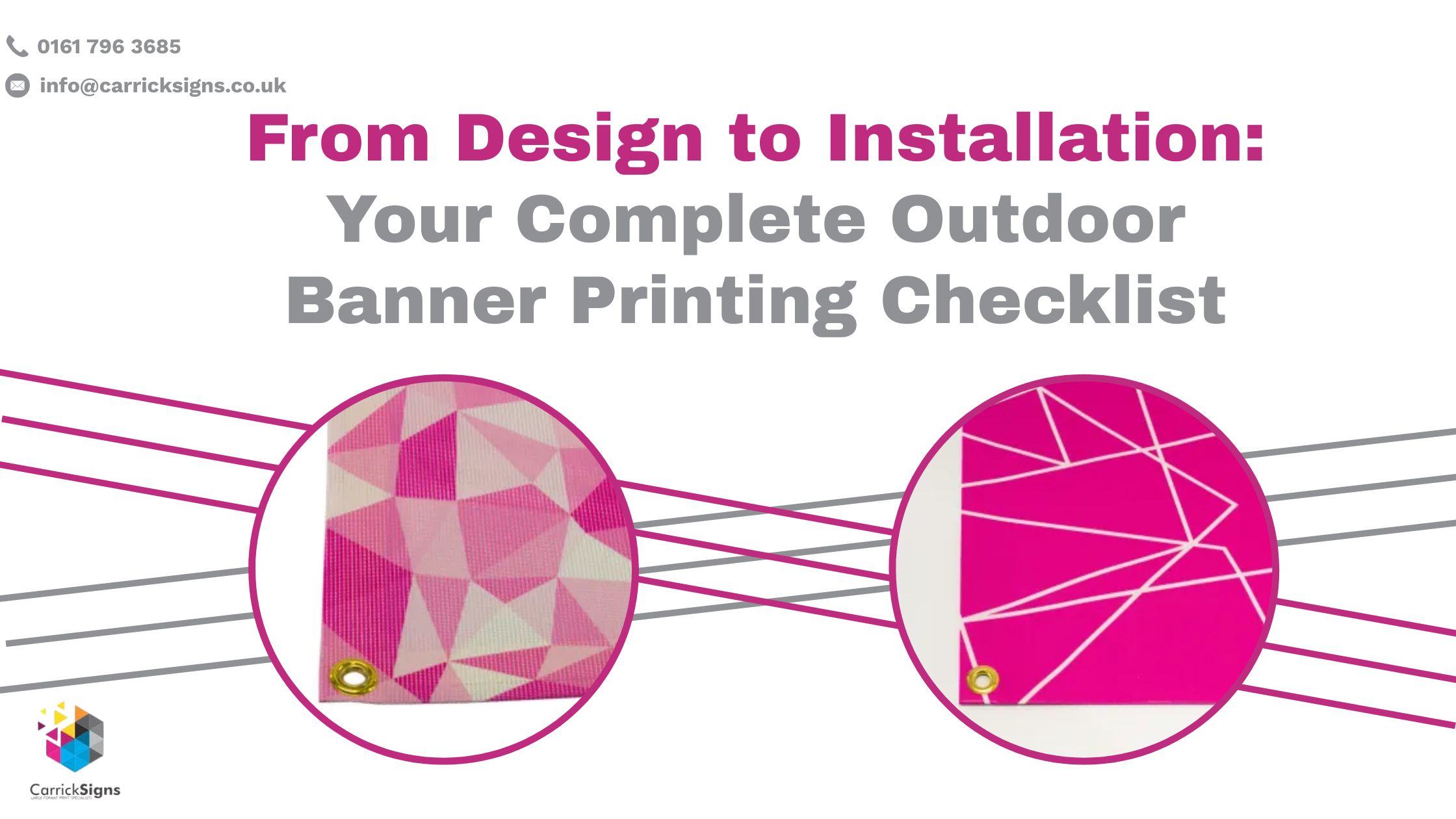 The title "From Design to Installation: Your Complete Outdoor Banner Printing Checklist" in bold pink and grey text, with two circular images of pink geometric outdoor banners.