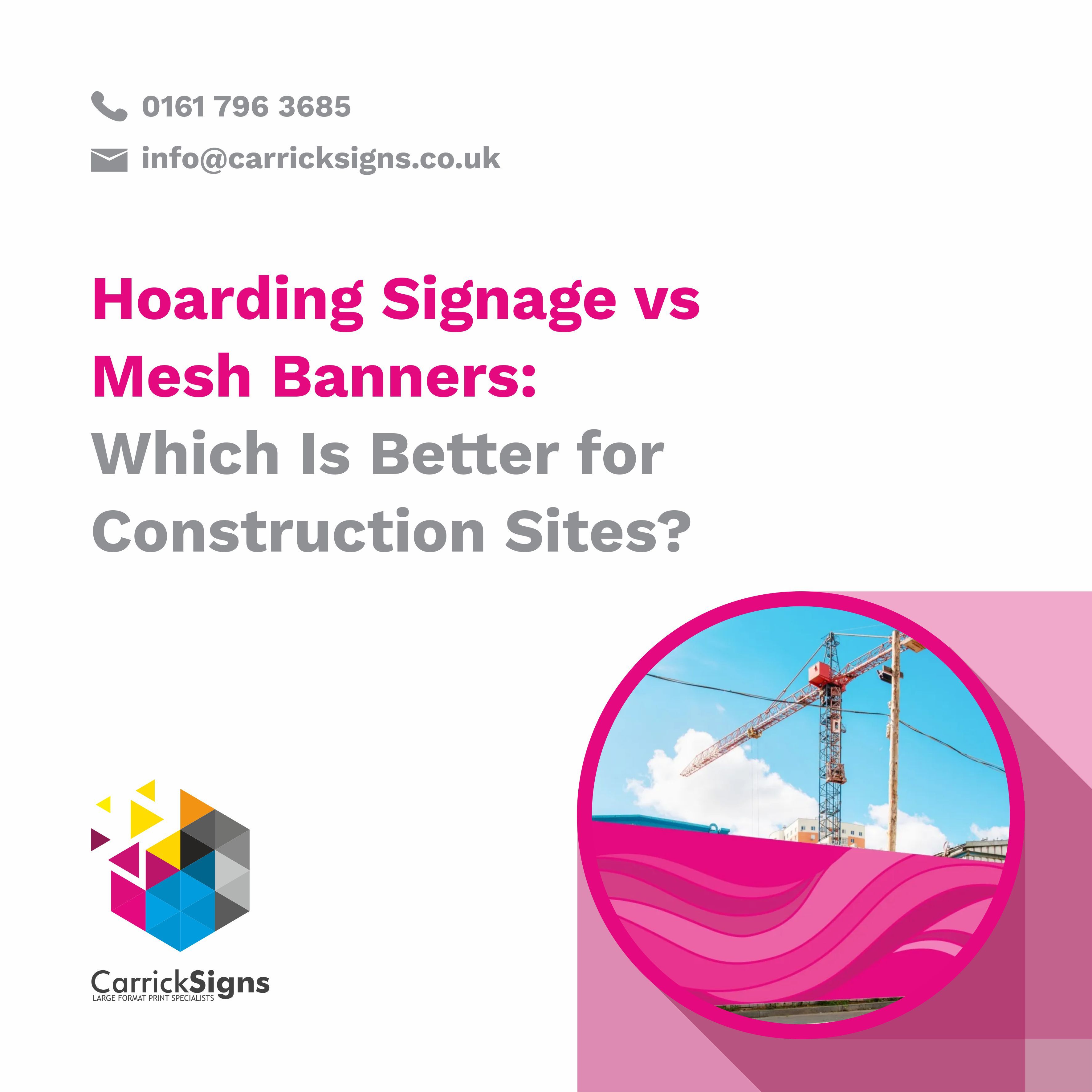 A printed hoarding board installed along a construction site boundary, displaying large-format graphics while a crane is visible in the background. 