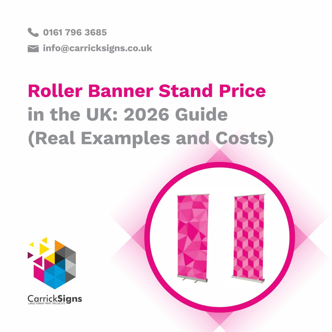 A comparison image showing a Standard roller banner stand next to a Deluxe roller banner stand, highlighting differences.