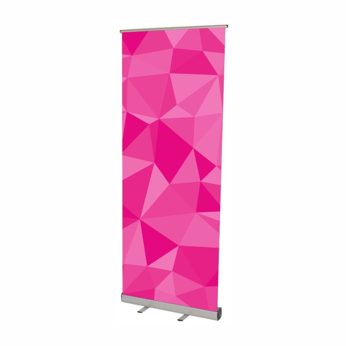 A Standard roller banner displayed upright, showing the aluminium cassette base, pull-up printed graphic and compact self-standing design.