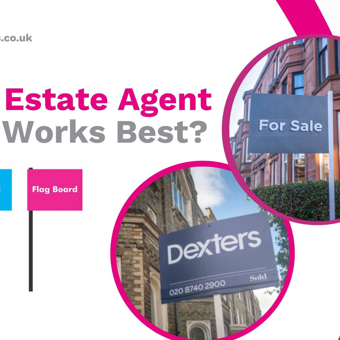 Carrick Signs graphic asking 'Which Estate Agent Board Works Best?' with illustrations of T Boards and Flag Boards alongside photos of real estate signs reading 'For Sale' and ‘ Sold'.