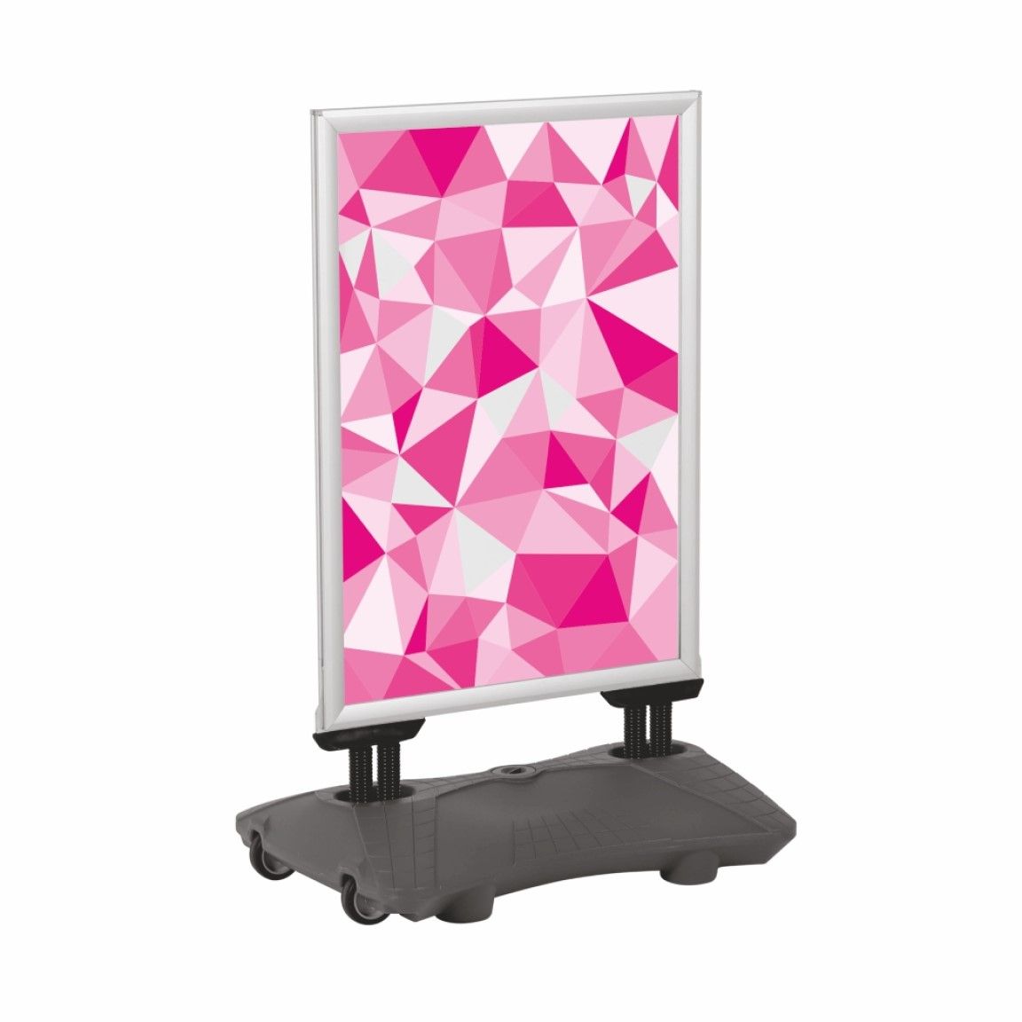 A close-up view of a pavement sign showing the sturdy frame, printed graphic insert and weather-resistant finish, designed for outdoor event signage and street-level promotions.