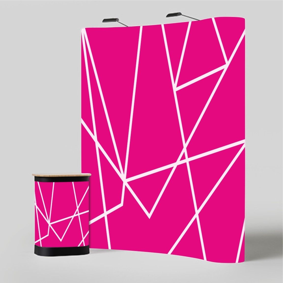 A close-up of a pop-up banner display showing the printed graphic panel and structural frame detail, designed to create a seamless branded backdrop for exhibitions and corporate events.